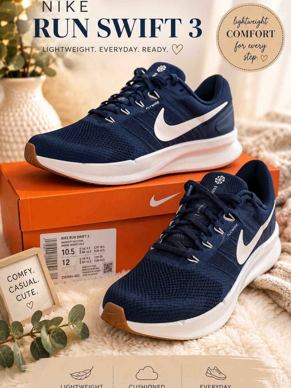 Nike Run Swift 3 Men's Athletic Shoes - Navy/White